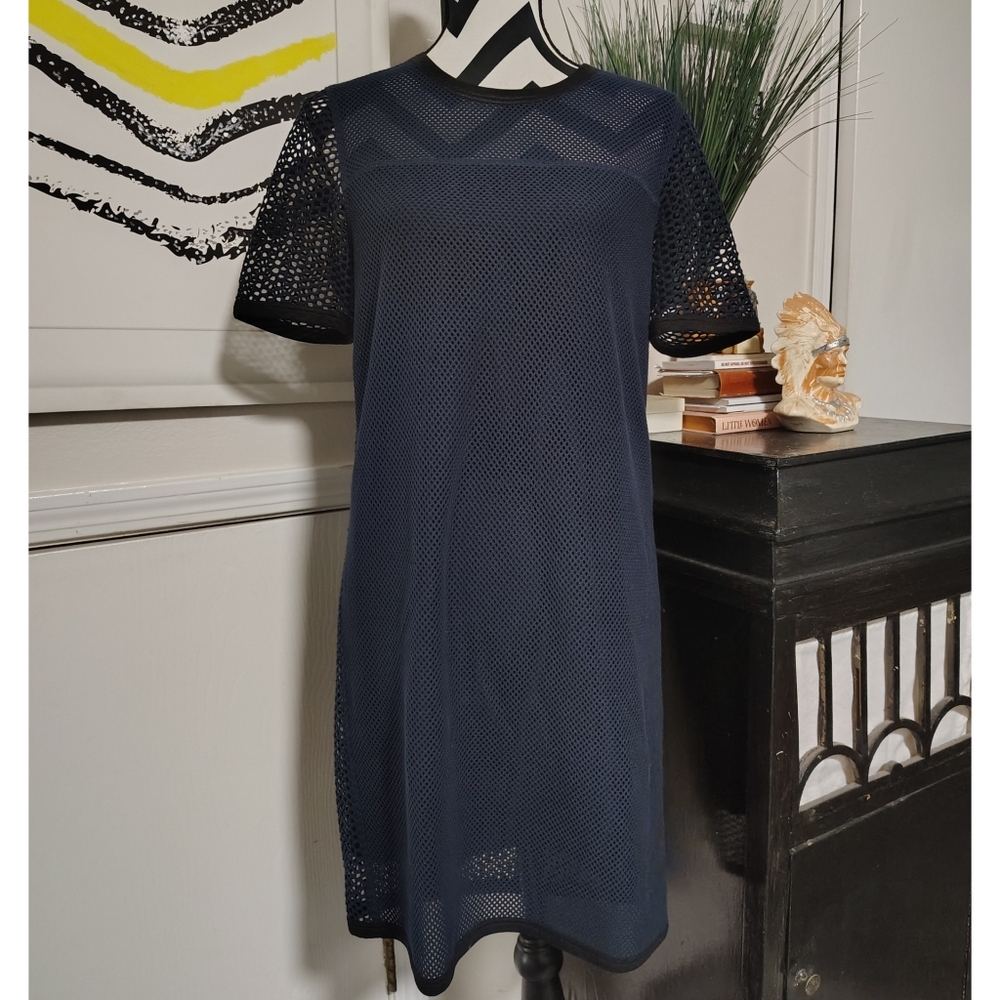 Rag and Bone MSRP $495 Luna Navy Blue Mesh Fishnet Dress Women's Medium Silk - Picture 2 of 12